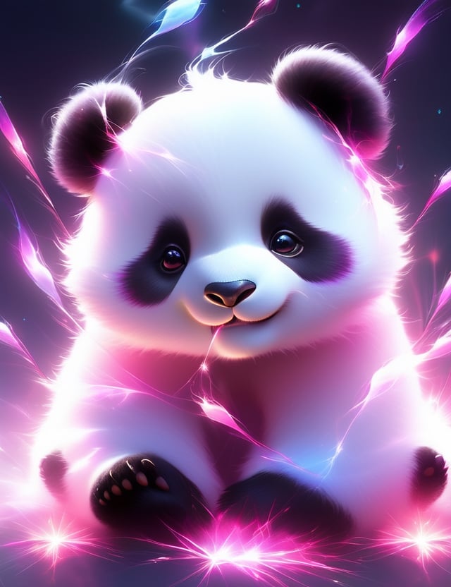 cute white and pink fluffy little panda, magical, white wisps of magical smoke wisp away from him in all directions his eyes color in pink, Broken Glass effect, no background, stunning, something that even doesn't exist, mythical being, energy, molecular, textures, iridescent and luminescent scales, breathtaking beauty, pure perfection, divine presence, unforgettable, impressive, breathtaking beauty, Volumetric light, auras, rays, vivid colors reflects