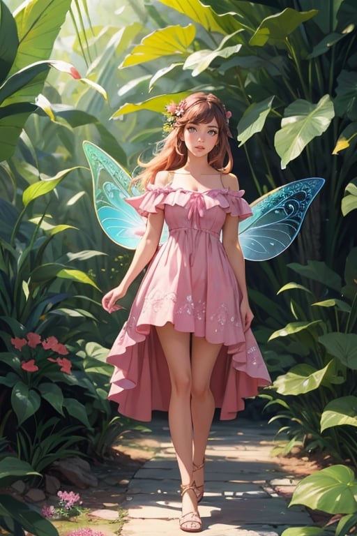 Full body realistic photo of beautiful fairy, looking at a tiny flying dragon, in the jungle,Pink beautiful dress very detail face, detailed stunning eyes, (innocent eyes), beautiful girl, intricate hyperdetailed digtial painting illustration, professional photography, warm natural lighting,dim lighting,  8k resolution concept art intricately detailed, complex, background, flowers, plant,dfdd,xxmixgirl