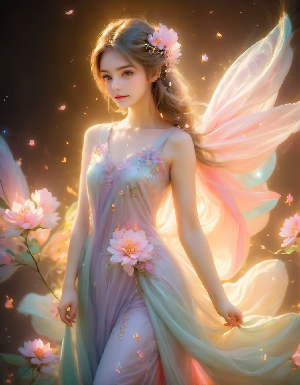 a woman with a long dress and flowers in her hair, lady with glowing flowers dress, cgsociety 9, gorgeous digital art, beautiful digital artwork, stunning 3d render of a fairy, stunning digital art, 🌺 cgsociety, breathtaking digital art, blurred and dreamy illustration, exquisite digital illustration, blurry and dreamy illustration, gorgeous digital painting, stunning digital illustration,High detailed ,SMMars,huayu,ellafreya