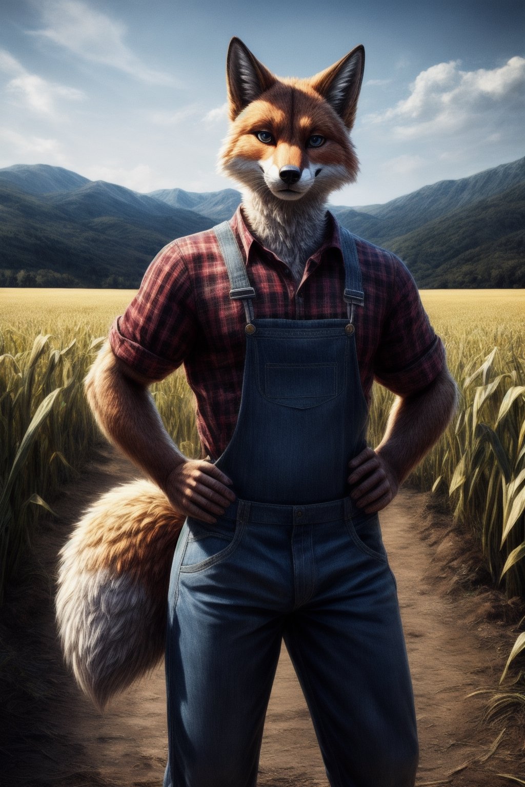 furry fox man in a plaid shirt and farmer overalls,standing infront of corn field,,proud,hands on hips,corn field backround, high contrast, (8K UHD:1.2), (photorealistic:1.2),(masterpiece:1.4), (best quality:1.4),extremely detailed wallpaper, highly detailed illustrations, , (super-complex details) , 4K unified, (masterpiece:1.2), (best quality:1.2), (masterpiece), ((furry)),best detailed eyes,fit,