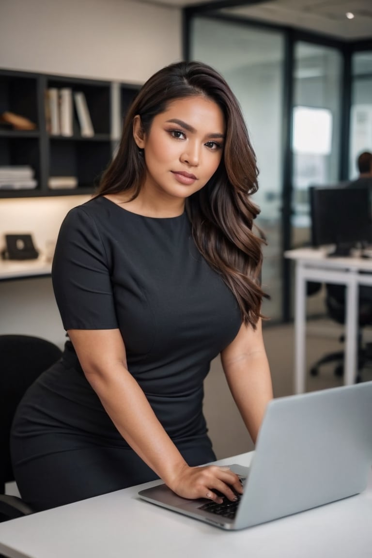 a woman, malay woman, pretty, age 35,   brown skin, plus size woman, chubby, fat woman, plus size wear silver, wear black shirt, grey skirt, white high heels, stiletto, stand, sitting inside an office  people in the background,  look down at her laptop, working on her laptop, typing, serious, focus, wide, shot, long shot, full body shot, full shot, whole body,  whole body shot, until the feet, professional lighting, young style, gen-z style, happy style, happy gesture, fun gesture, proportional fingers, perfect fingers