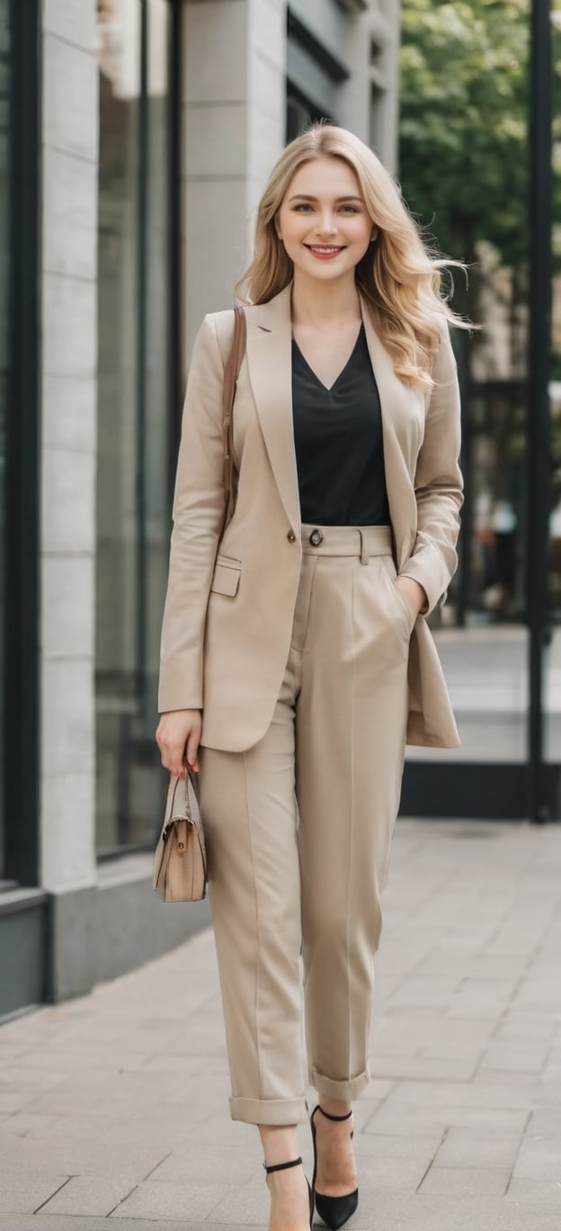 a woman, russian woman, pretty, age 25, white skin, plus size woman, blonde hair, long hair, wear black blazer, wear blue shirt, wear khaki trousers, wear black high heels, carry bagpack, smiling wide, full body shot, standing, walking, long shot, light yellow background, seamless background, professional lighting, professional studio, young style, gen-z style, happy style, happy gesture, fun gesture, full body, head to feet, proportional fingers, perfect fingers