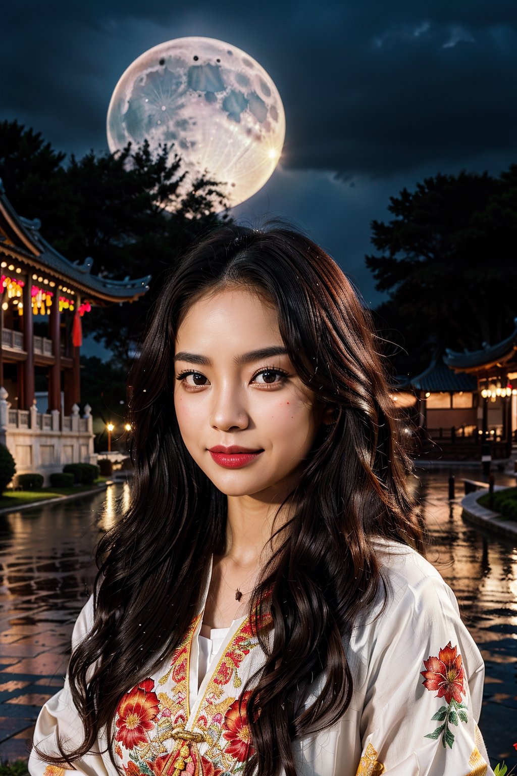 8k, RAW photo: 1.2), best quality, ultra high resolution, dramatic angle, (detailed wavy color splashes), (illustration), (((1 woman))), (medium hair, curly hair, hair black), (dark mulatto skin), (rain: 0.9), ( hair ornament: 1.4), there is an ancient palace next to the woman, Chinese clothing, (focus on), color Ink wash painting , (color splashes), color splashes, (((colorful))), (sketch: 0.8), Masterpiece, best quality, beautifully painted, highly detailed, (noise removal: 0.6), [ink splashed ], ((ink refraction)), (beautiful detailed sky), moon, highly detailed, (masterpiece, best quality, extremely detailed CG Unity 8k wallpaper, masterpiece, best quality, ultra detailed), (Lycoris radiata), Perfecteyes, 1