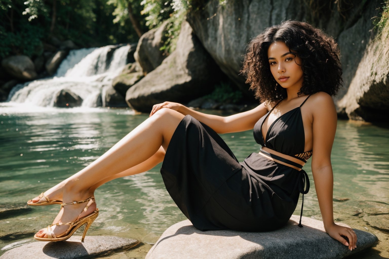 Create a picture of a beautiful dark mulatto woman in a traditional clothing, medium_hair, black hair, curly hair, on a river she sits on a rock, the sun beam, shadow of leaves, foreat, clear water, windy, butterflies, professional photography, full_body, high_resolution, 8k,legs and feet visible, perfect feet, beautiful face.