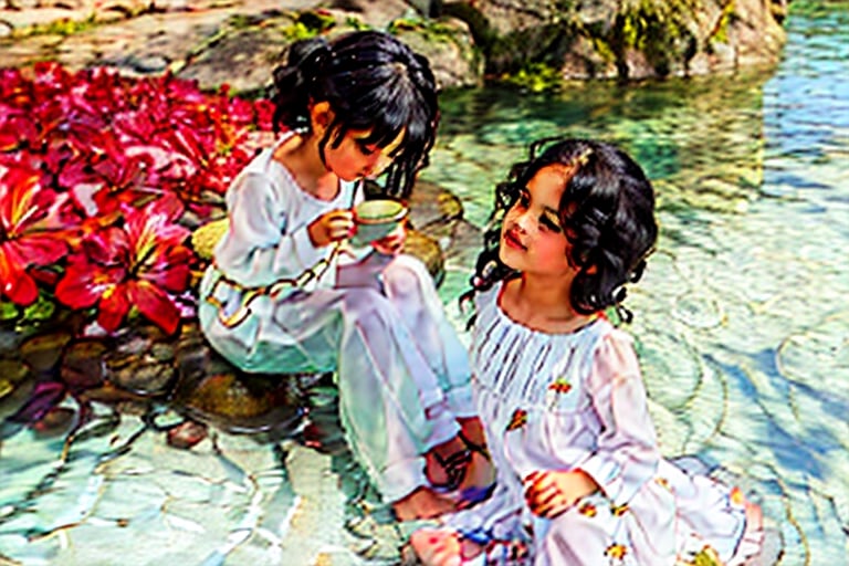 Create a picture of a beautiful dark mulatto woman in a traditional clothing, medium_hair, black hair, curly hair, on a river she sits on a rock, the sun beam, shadow of leaves, foreat, clear water, windy, butterflies, professional photography, full_body, high_resolution, 8k,legs and feet visible, perfect feet, beautiful face.