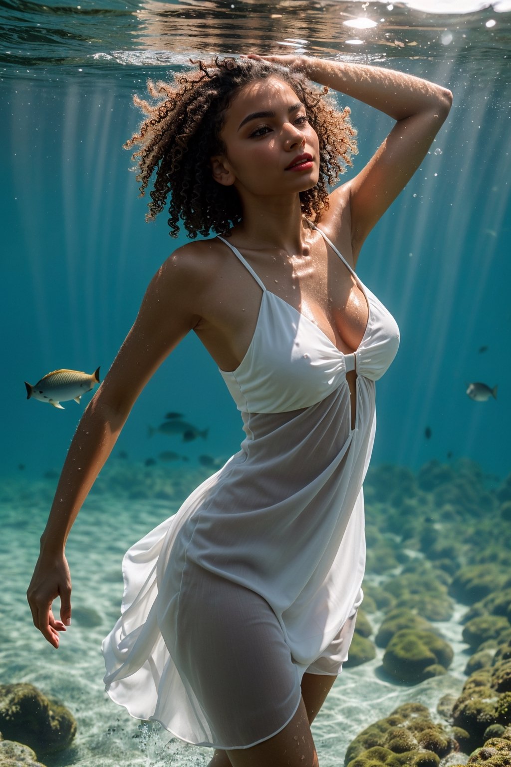 Sesión fotográfica de @karinaml91. Fotografía profesional. Masterpiece: 1.2), Best Quality (HDR: 1.4), High Detailed Professional RAW Color Photography, High Detailed Face: 1.4, A detailed portrait of a woman floating under crystal clear ocean water in a long flowing white dress , nymph style, amazing underwater, detailed brown skin, brown skin, wet clothes, wet short curly hair, medium hair, black hair. transparent lens flare, shadow, tindal effect, lens flare, backlight, bokeh. Brown eyes, big eyes, beautiful eyes. full lips, red lips. Hair floating in the water like a beautiful mulatto water nymph. slender slim body. perfect body. medium bust. full body image. stop on the tip of your feet. with arms stretched upward sensually. dress in sensual movement. Charming look. Defined features. Cuban mulatto face.