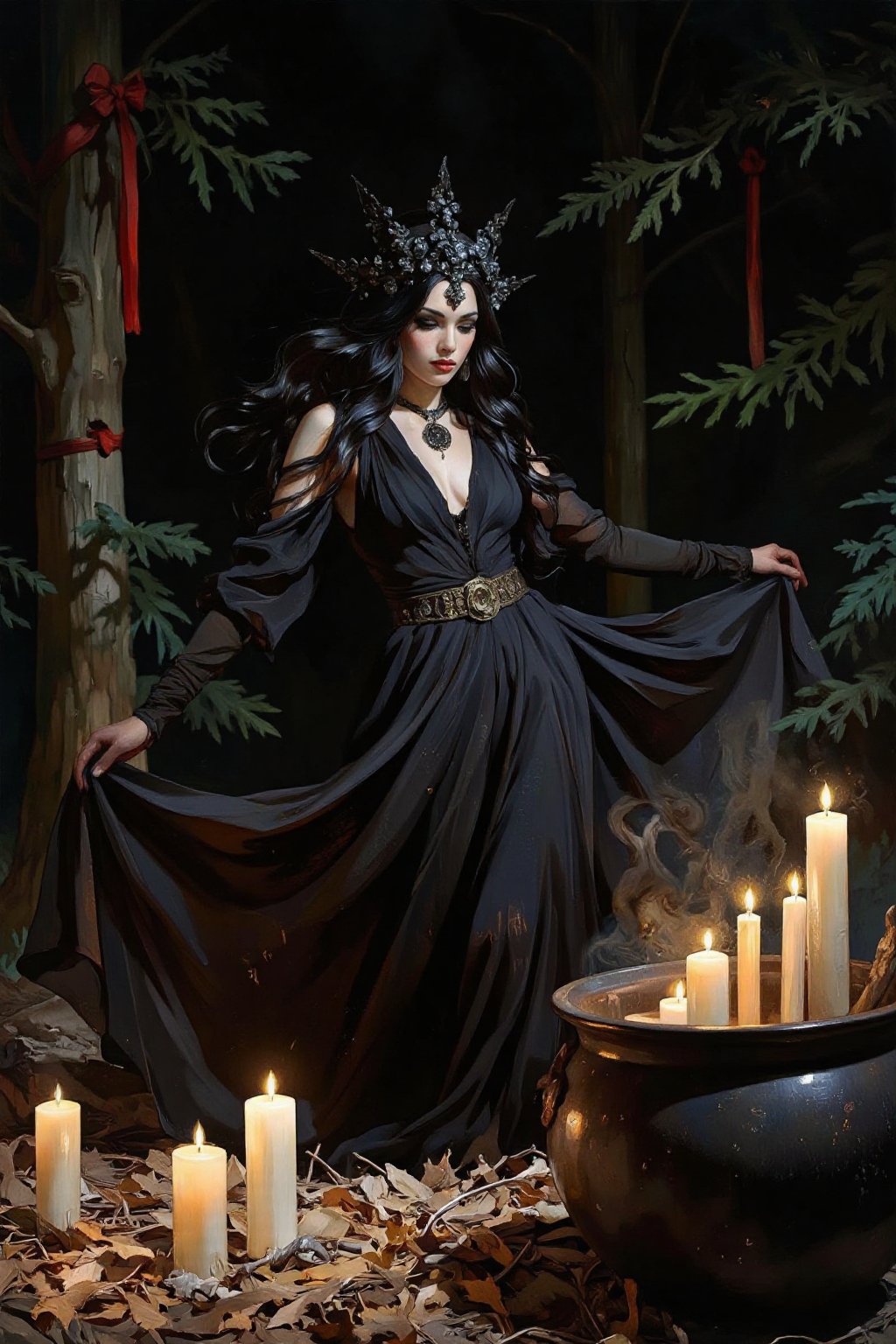 This is a photograph capturing a dark,  mystical forest scene at night. The central figure is a woman with long,  wavy bla...
