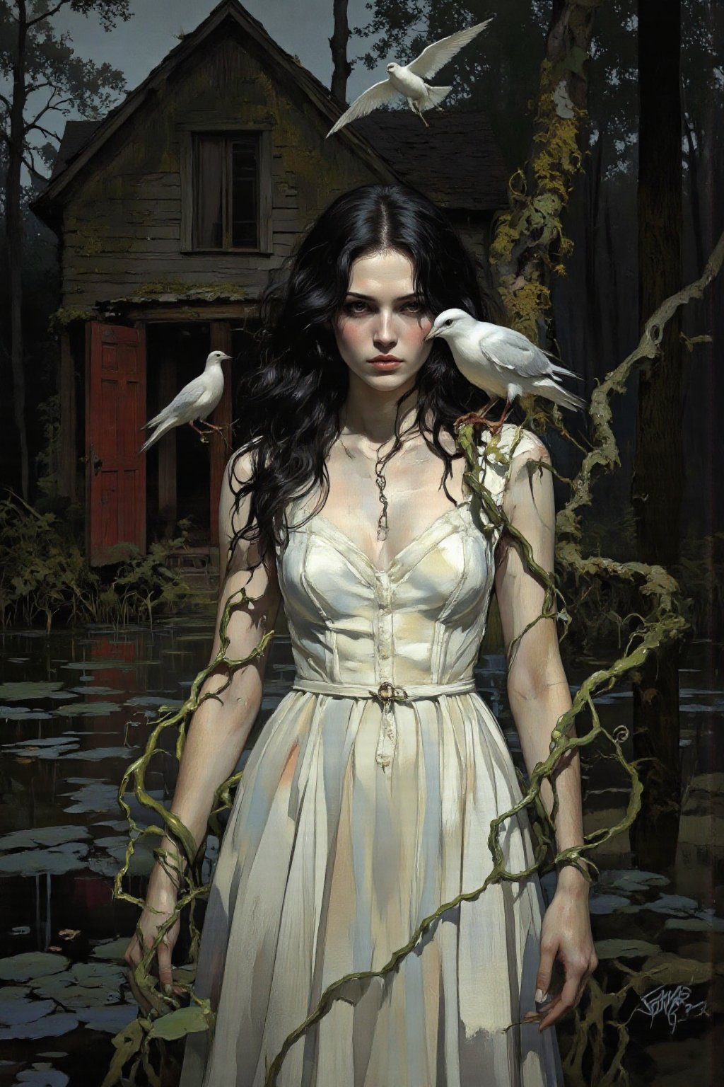 This is a digital illustration depicting a young woman with long,  wavy black hair and fair skin,  standing in a dark by u...