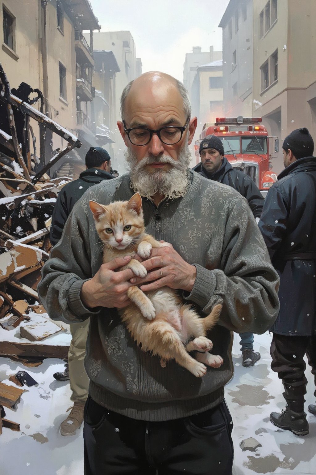 This is a photograph depicting an elderly man with a bald head and a thick,  graying beard,  wearing glasses and a gray by...