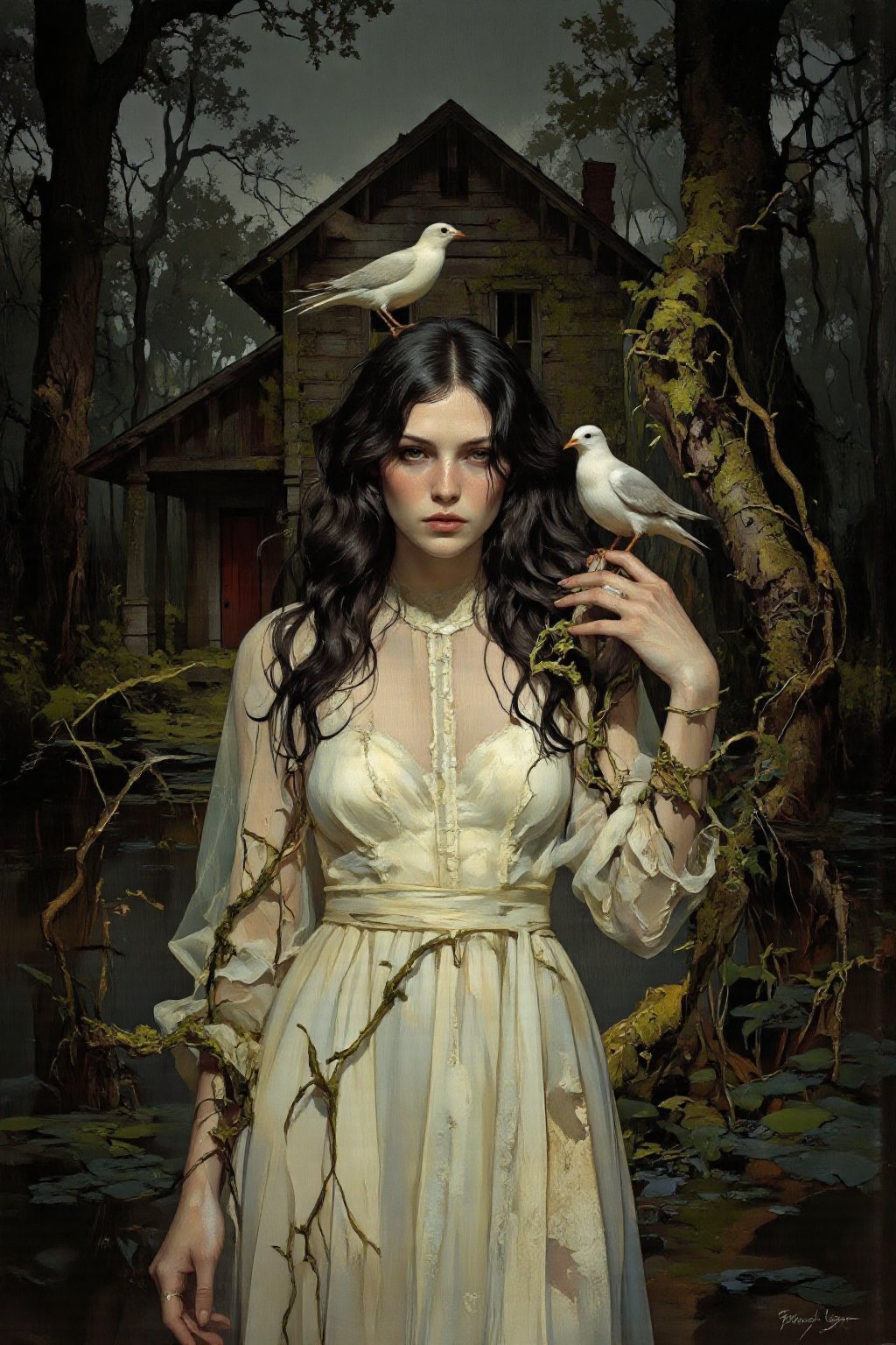 This is a digital illustration depicting a young woman with long,  wavy black hair and fair skin,  standing in a dark by u...