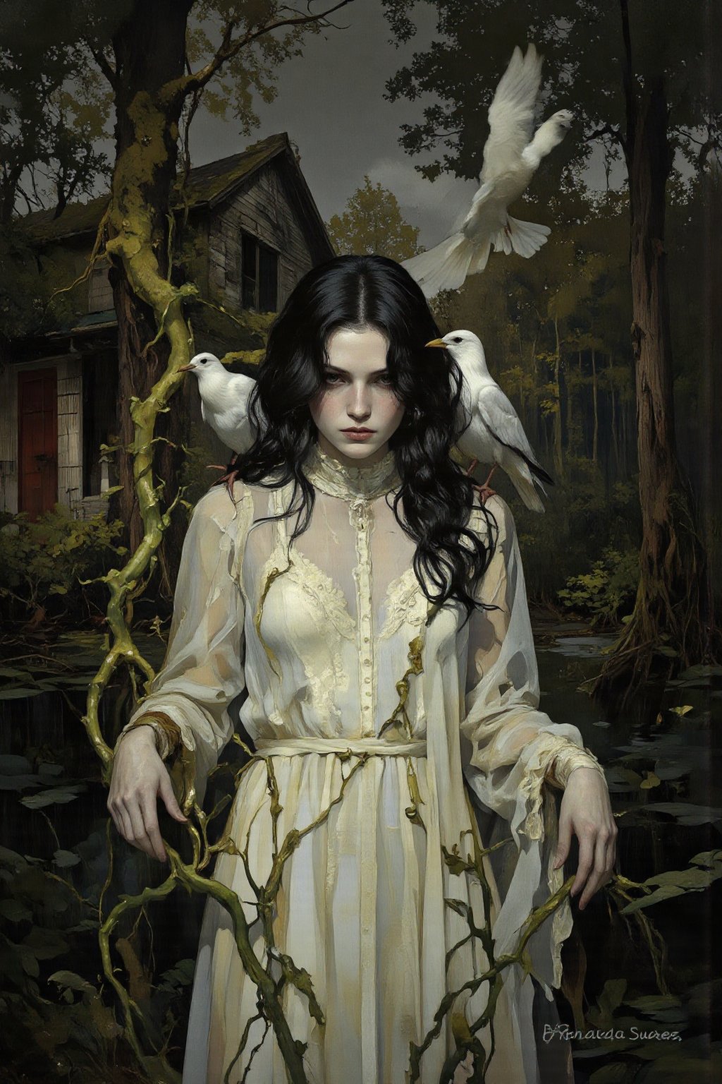 This is a digital illustration depicting a young woman with long,  wavy black hair and fair skin,  standing in a dark by u...