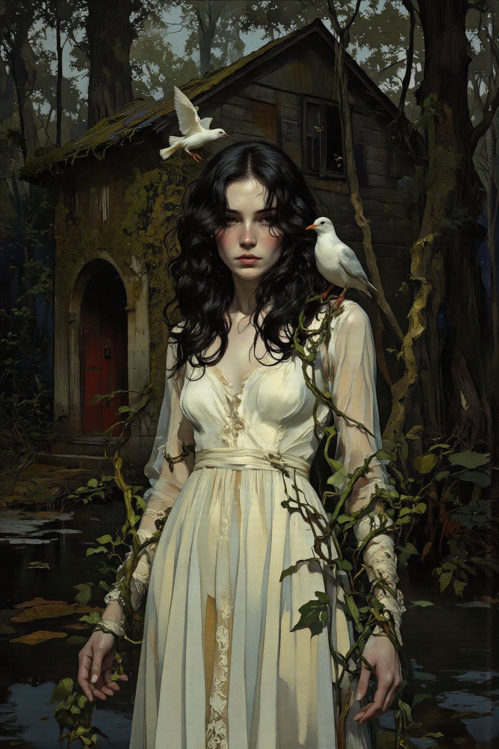 This is a digital illustration depicting a young woman with long,  wavy black hair and fair skin,  standing in a dark by u...