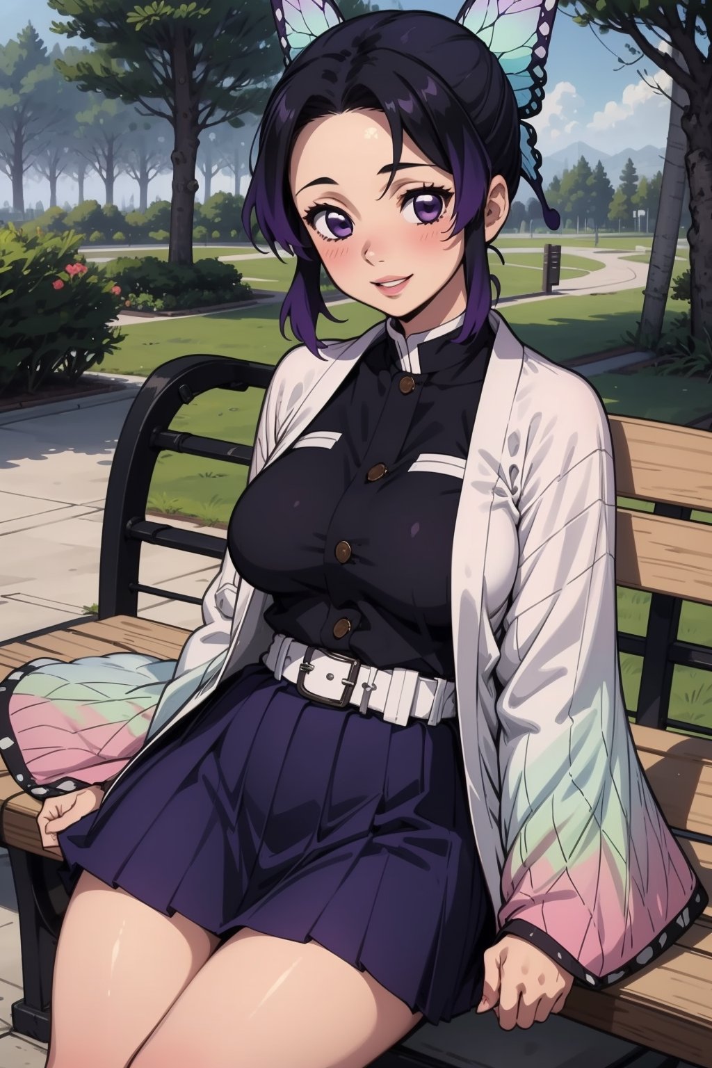 1girl, solo, breasts, looking at viewer, blush, smile, short hair, bangs, skirt, large breasts, black hair, hair ornament, long sleeves, medium breasts, sitting, purple eyes, jacket, purple hair, sidelocks, multicolored hair, pleated skirt, outdoors, parted lips, japanese clothes, day, belt, miniskirt, wide sleeves, two-tone hair, tree, lips, parted bangs, gradient hair, purple skirt, butterfly hair ornament, bench, haori, white belt, demon slayer uniform, kochou shinobu