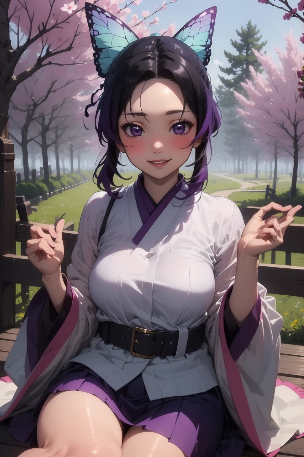 1girl, solo, breasts, looking at viewer, blush, smile, short hair, bangs, skirt, large breasts, black hair, hair ornament, long sleeves, medium breasts, sitting, purple eyes, jacket, purple hair, sidelocks, multicolored hair, pleated skirt, outdoors, parted lips, japanese clothes, day, belt, miniskirt, wide sleeves, two-tone hair, tree, lips, parted bangs, gradient hair, purple skirt, butterfly hair ornament, bench, haori, white belt, demon slayer uniform, kochou shinobu