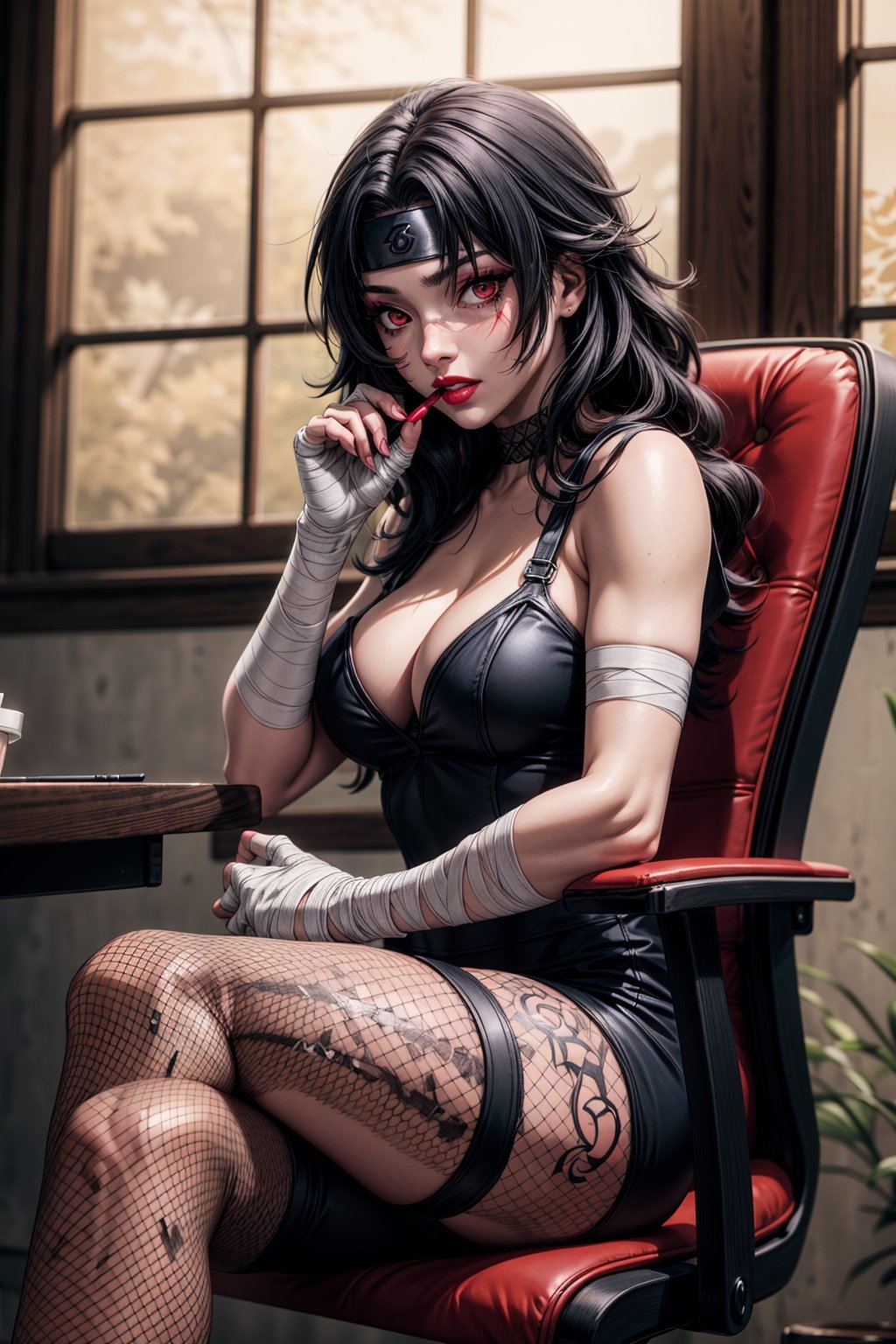 nar_kurenai_yuhi,forehead protector,bandages,sarashi,red eyes,makeup,lipstick,ninja,lipstick,fishnets,sitting,chair