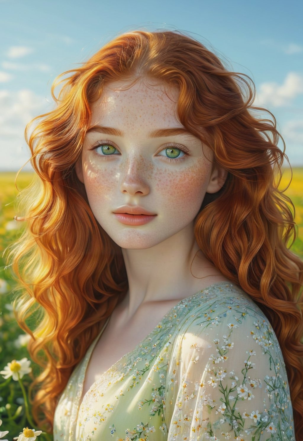 A photorealistic portrait of a beautiful young girl with long, curly red hair cascading down her back, her bright green eyes sparkling in the sunlight. She has pale skin with a light dusting of freckles across her cheeks. She stands in the middle of a vibrant flower field, wearing a soft, flowing yellow dress that contrasts with the sea of colorful blooms around her. The sun casts a gentle, warm light on her face as she looks directly at the viewer with a soft, thoughtful expression. The sky above is clear and blue, with the flowers swaying gently in the breeze. Realistic textures, 4K resolution, ENHANCE, high detail, natural lighting, cinematic framing