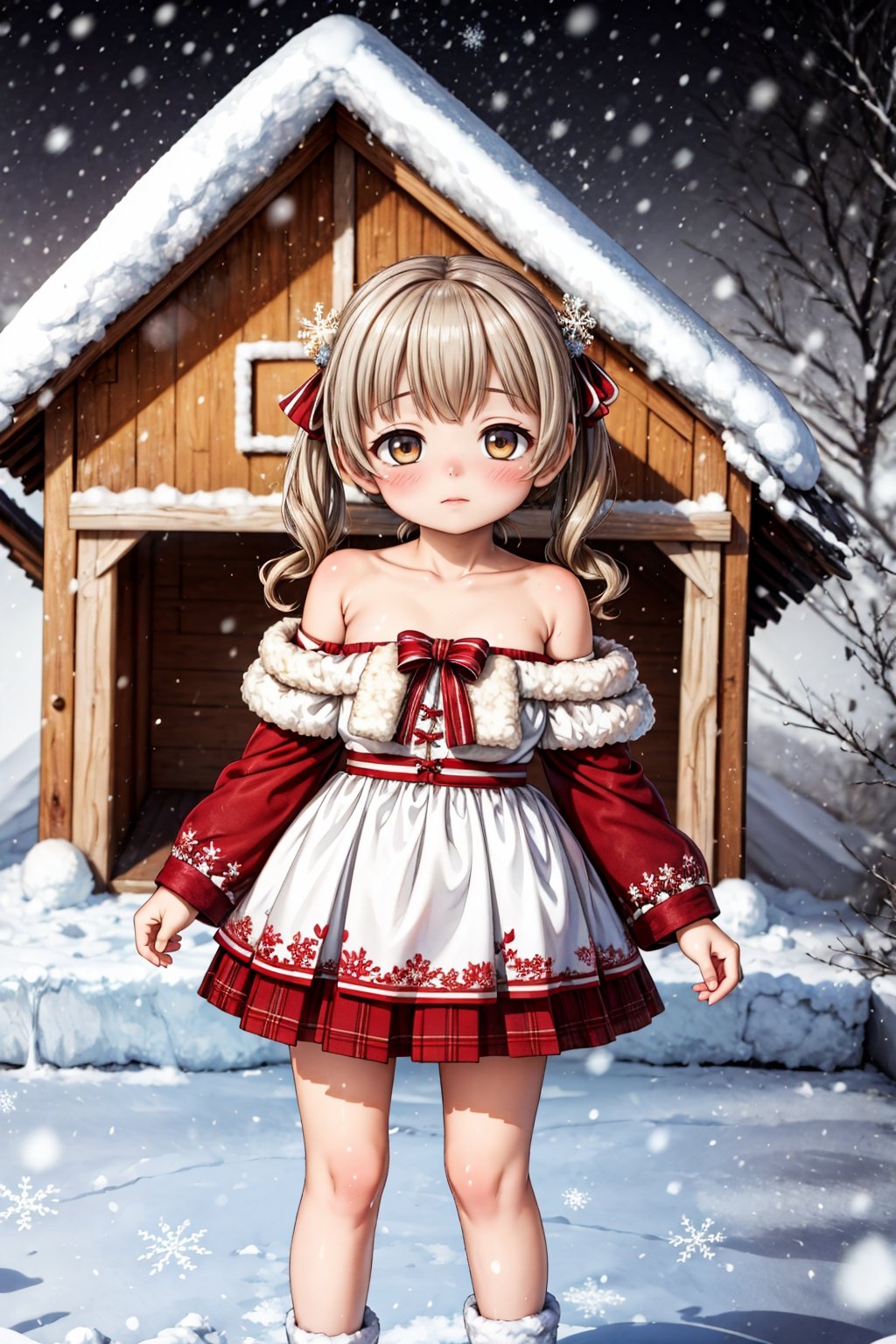 (best quality, photorealistic, masterpiece:1.3), girl, off shoulder, skirt, winter dress, glossy lips, pure innocence, sweet and adorable, blush, cold, long hair, curly hair, twintails, fluffy snow, snowflakes, snowing, stalagtites, red flowers, high detailed skin, skin pores, 8k uhd, dslr, soft lighting, high quality, film grain, Fujifilm XT3,more details, detailed background,

,yoimiyadef,aakurumi,fellajob,Gingerbread_House,line anime