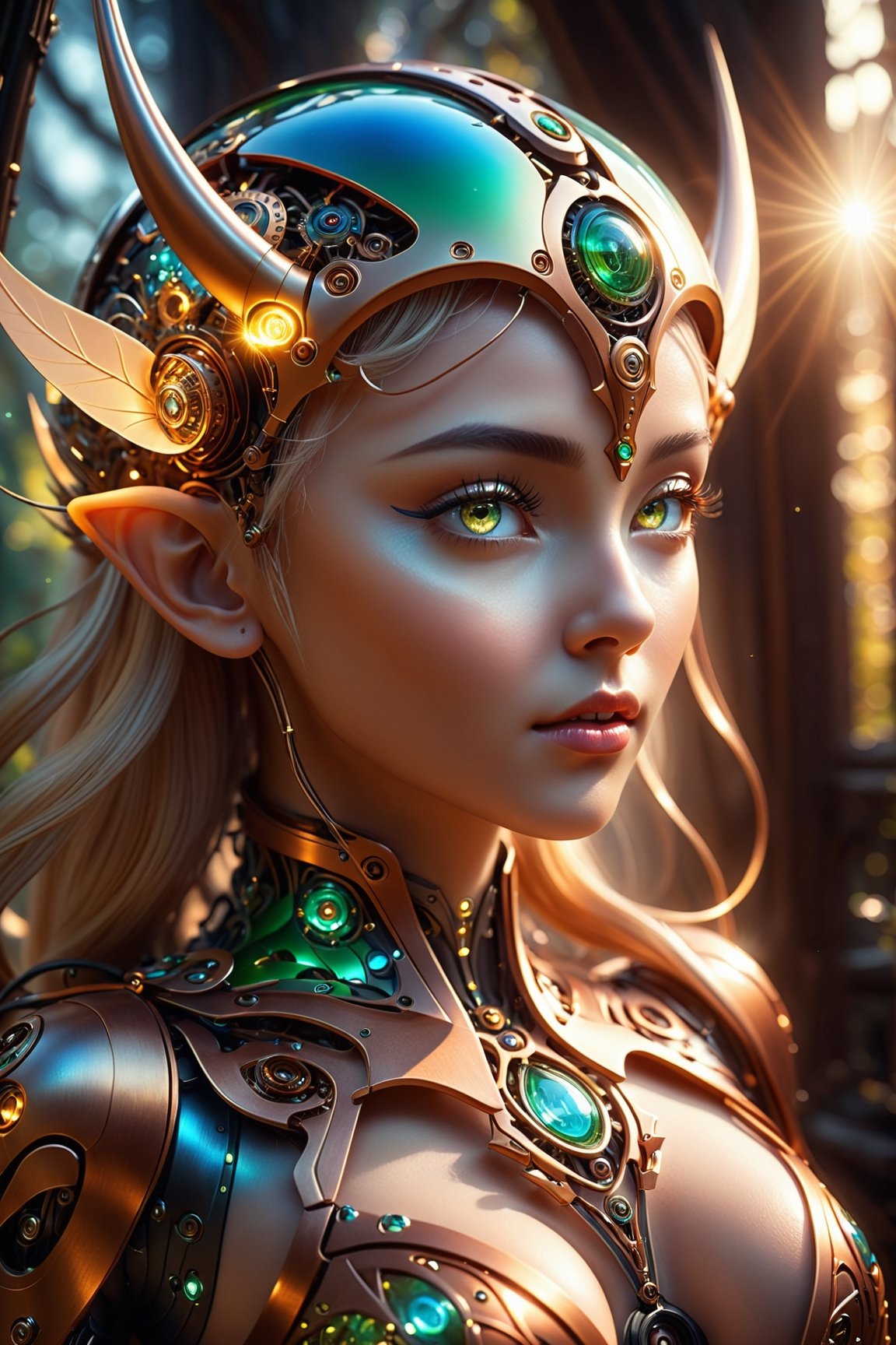 Mechanical elves,fansty world,Mysterious light,Human-machine symbiosis,The beauty of technology,Macro lens,The morning light shines,Digital art,Unique creativity,Unreal engine,the visual stunning shock。
