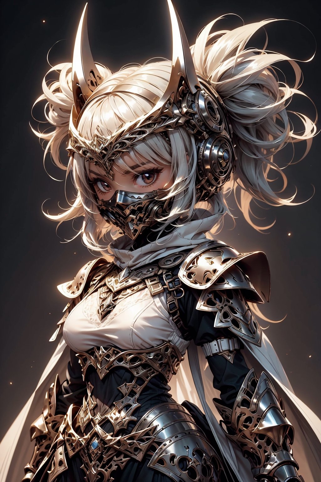 beautiful little 1 , desert armor made of joints , dark skin , (big tit), white short hair , bone poncho, desert,
, full body view, tits, (Chibi), Lolita, (Chibi) Cute girl,4 year old, silver hair, twintails,(simple background),oni face shield