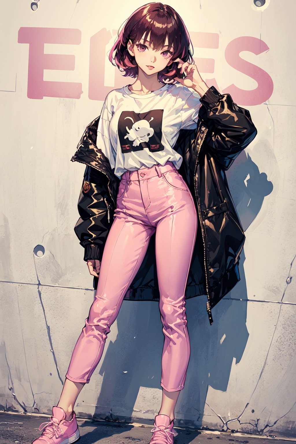 Hot top model young white woman in white long oversize t-shirt, black pants, keds, (short pink hair:1.5), pores, full pose, fashion sexy pose, 1 girl, elegant nose, ultra detail, graffity wall background, 4k, (best quality:1.8), grainy, streetwear,ayase arisa