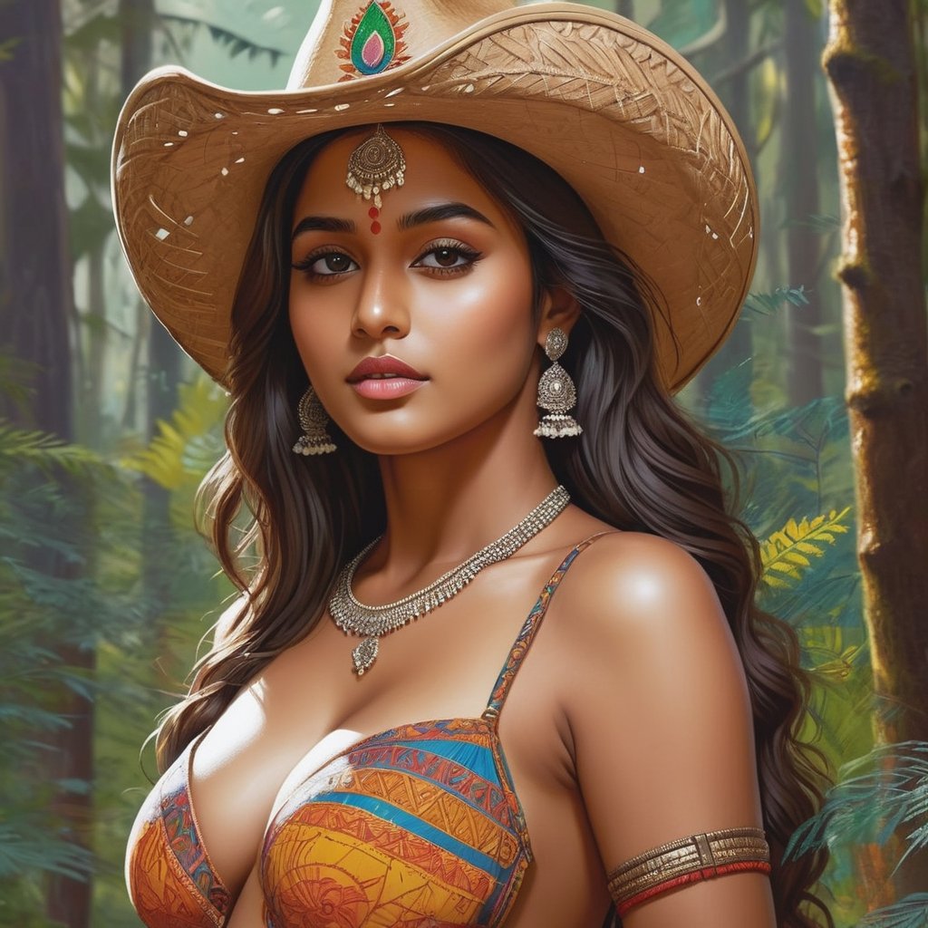 ((Masterpiece), (best quality), (highly detailed)), Beautiful Indian Girl in the forest, Huge breasts, with perfect features and flawless face. The digital illustration showcases intricate sketches and bold line art, making it a contest winner. The artwork is rendered in an ultra-detailed style, with bright, vivid, and saturated colors. The color palette includes complementary and analogous colors, creating a visually stunning composition. ((Full body)), cowboy shot.