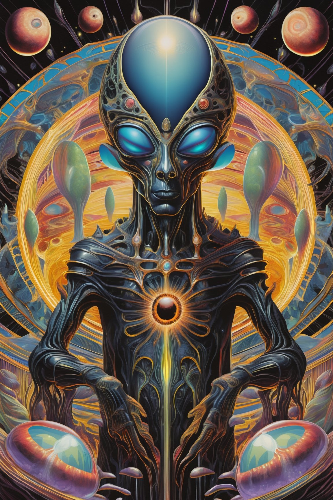 (ACIDMELT) A mesmerizing Tarot card, Fool Alien, symmetrical, maximalism, dimensional, deep black hole