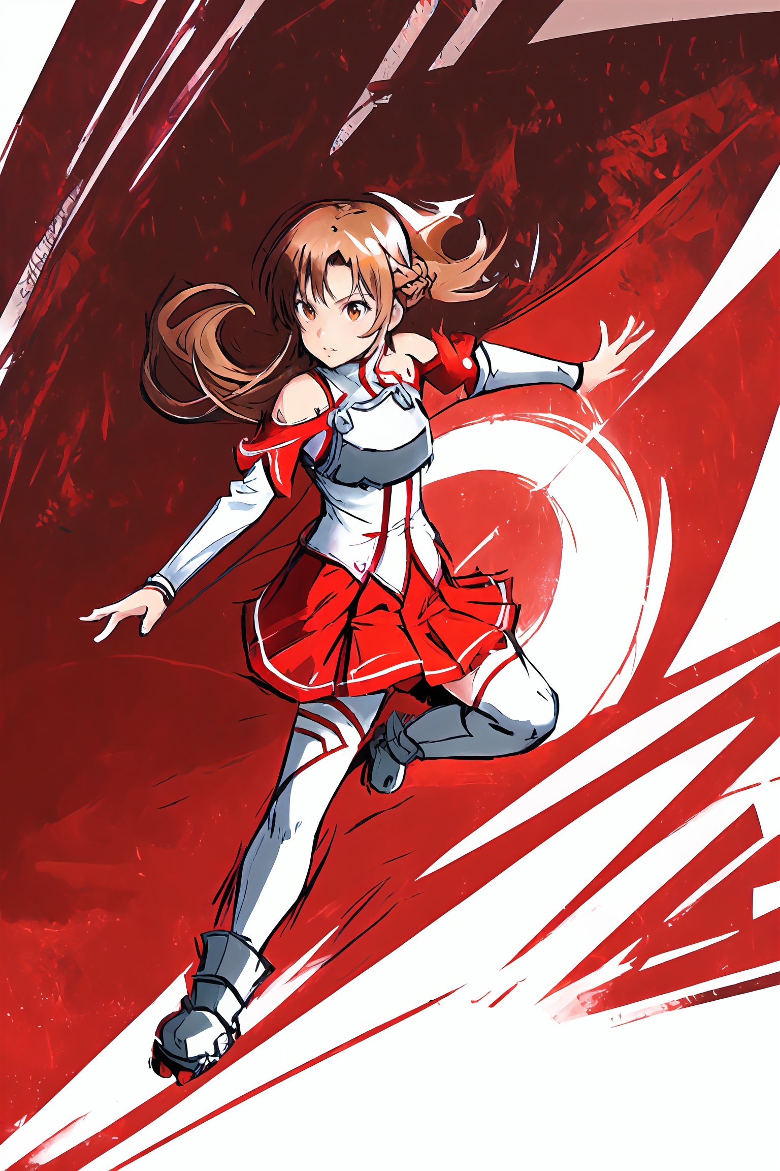 stikers_style,sketch, solo, colorful, 1girl, solo, aaasuna, long hair, brown hair, braid, brown eyes, bare shoulders, armor, breastplate, white sleeves, detached sleeves, red skirt, pleated skirt, white thighhighsaaasuna,