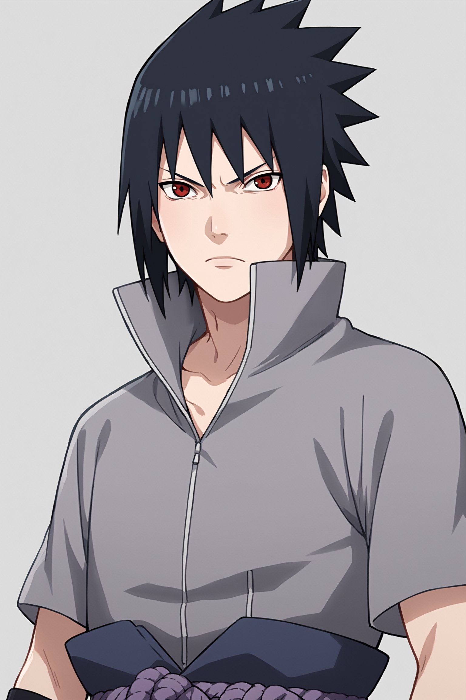 score_9,score_8,score_7,score_6,score_5,score_4,source_anime, Sasuke Uchiha, black hair, spiky hair, red eyes, gray shirt with short sleeves,black arm guard,light purple belt, 1boy, solo, serious, looking at viewer,black eyes