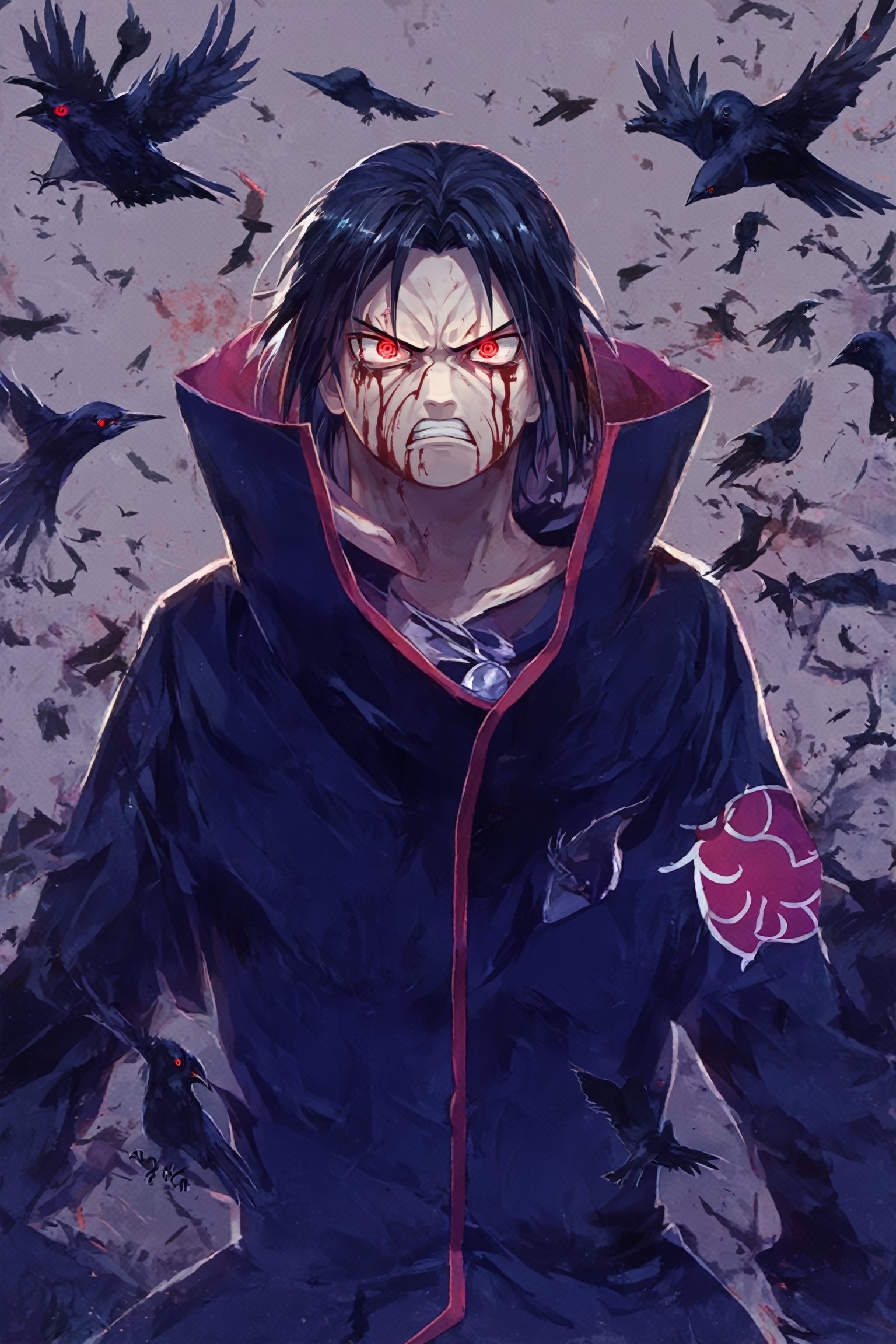 (score_9, score_8_up, score_7_up:1.2), (source_pony:1.2), 1boy, uchiwa5, black hair, sharingan, red eyes, male focus, solo, akatsuki uniform, abstract art, full body, crows, (serious), scream, angry, blood, glowing