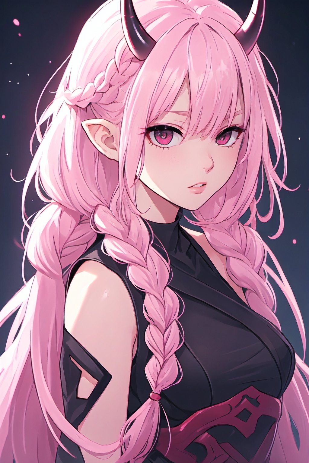 1girl, oni, pink hair, braids, black eyes, freckles, horns, female_solo, portrait, upper body, abrstact_background 