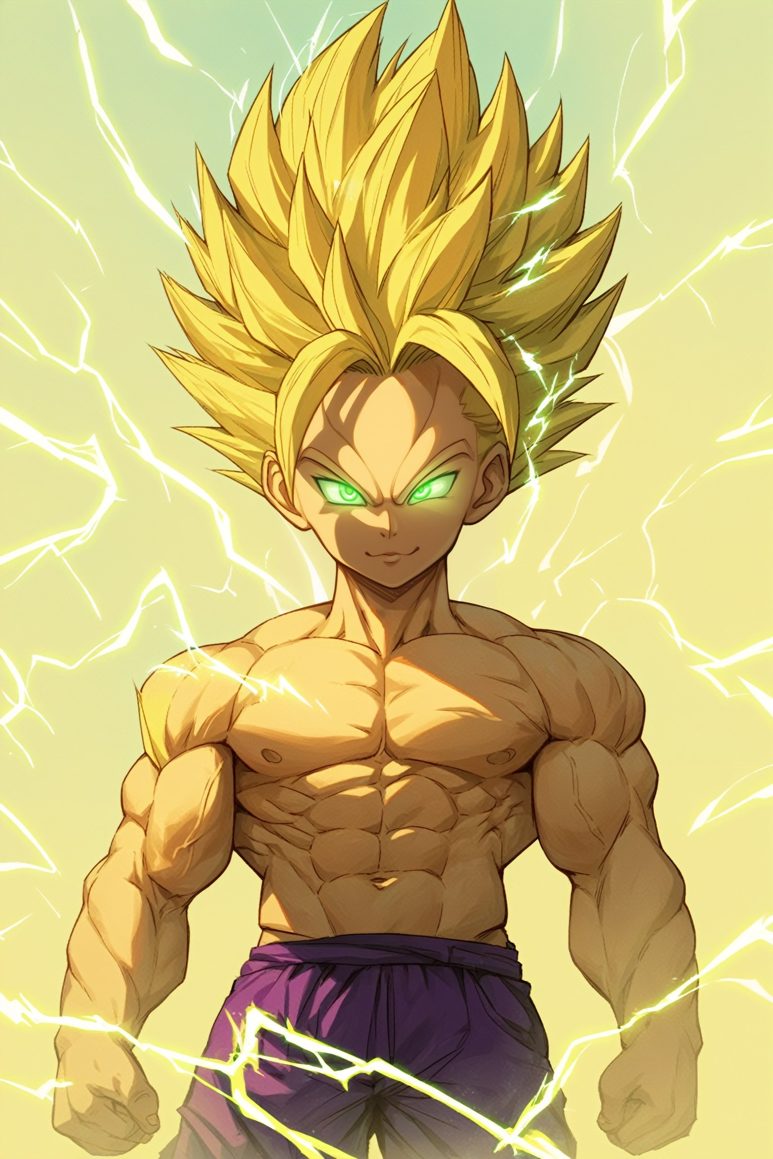 score_9, score_8_up, score_7_up, score_6_up, score_5_up, score_4_up, gohan, super saiyan 2, (purple dougi:1.2), green eyes, blonde_hair, yellow aura, electricity, ki, serious, cowboy_shot, source_cartoon, source_pony,