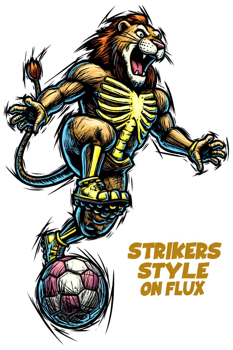 Lion's mighty roar echoes as he strikes a pose, kicking a ball with fierce intensity. His full body portrait showcases his powerful physique, with visible x-ray ribs adding an otherworldly touch. STRIKER0S' vibrant line art brings the scene to life, blending sketchy textures with bold colors. In the background, the text 'STRIKERS STYLE ON FLUX' pulses with energy, as the lion's kinetic movement radiates a dynamic vibe.