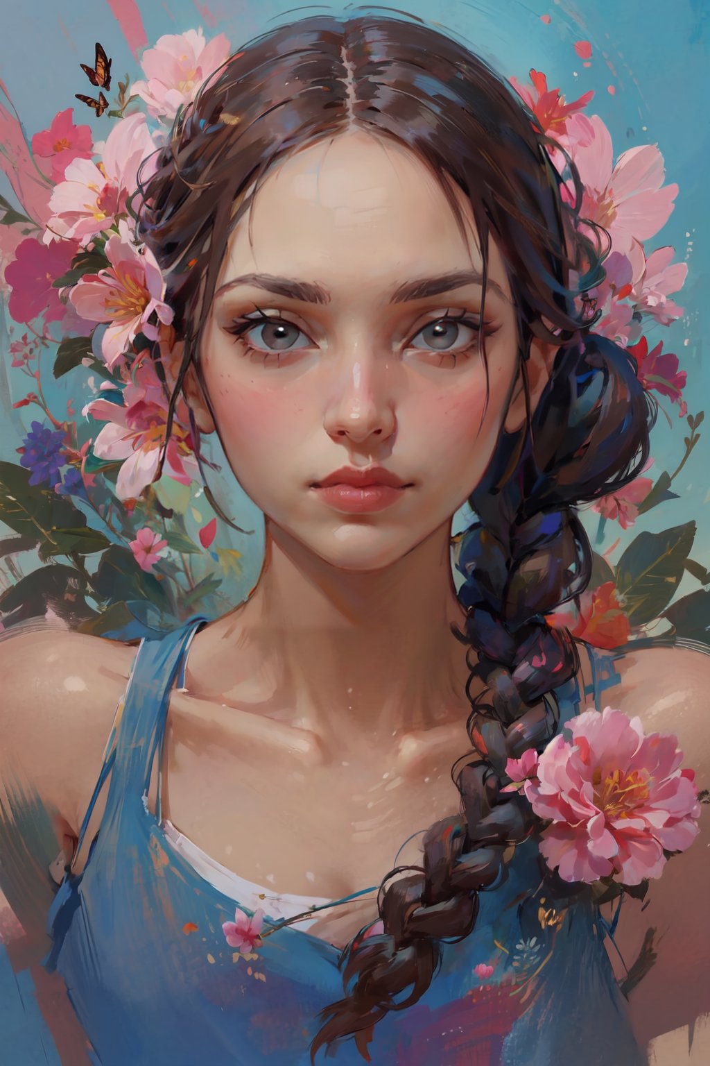 lara croft, single braid, blue tank top, looking at viewer,  flower, hair flower, lips, bug, butterfly, portrait, pink flower, solo, face focus