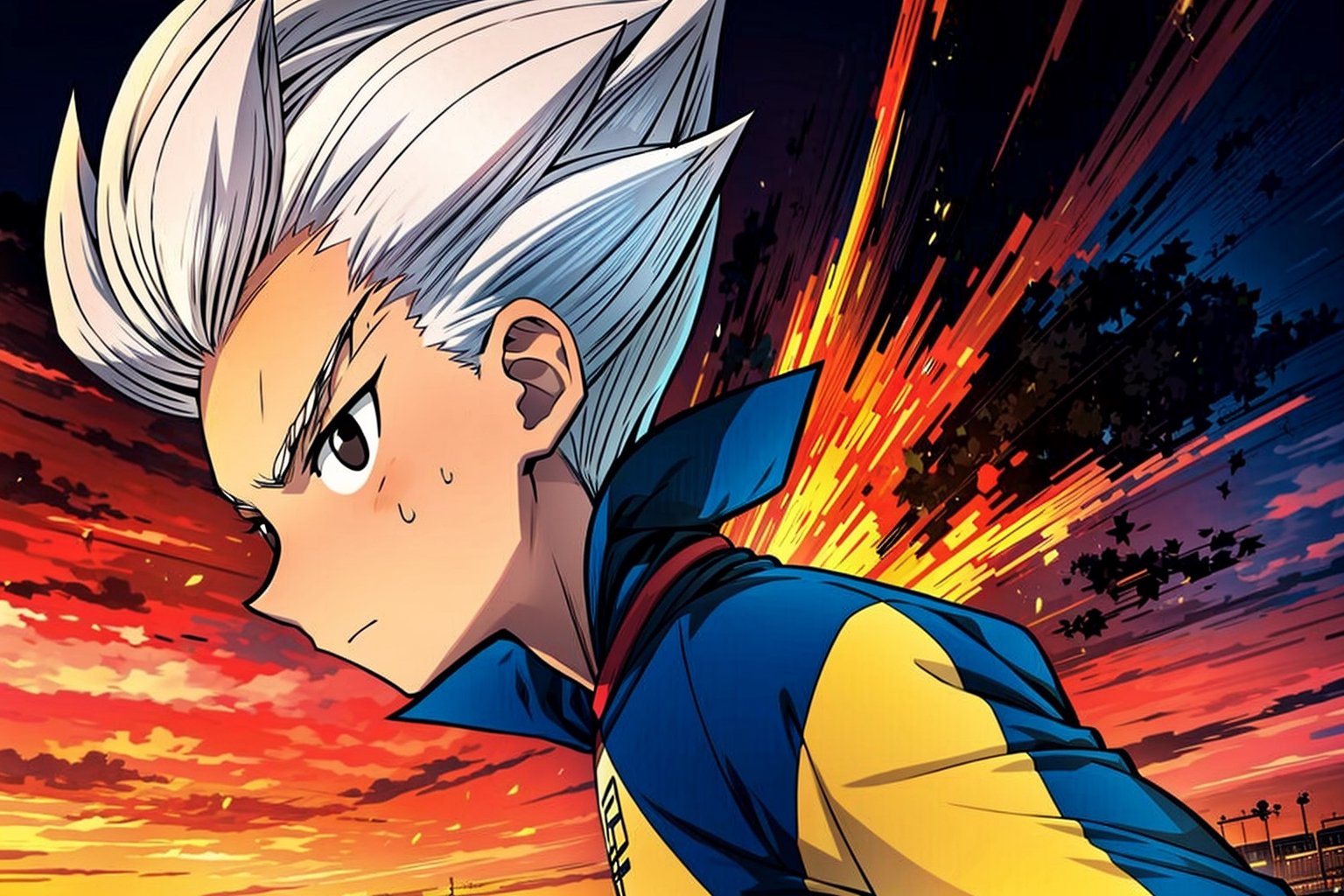 axel_blaze, raimon soccer uniform,  black eyes, white hair,  male focus, 1boy, side view, dramatic pose, abstract art, CLOUD