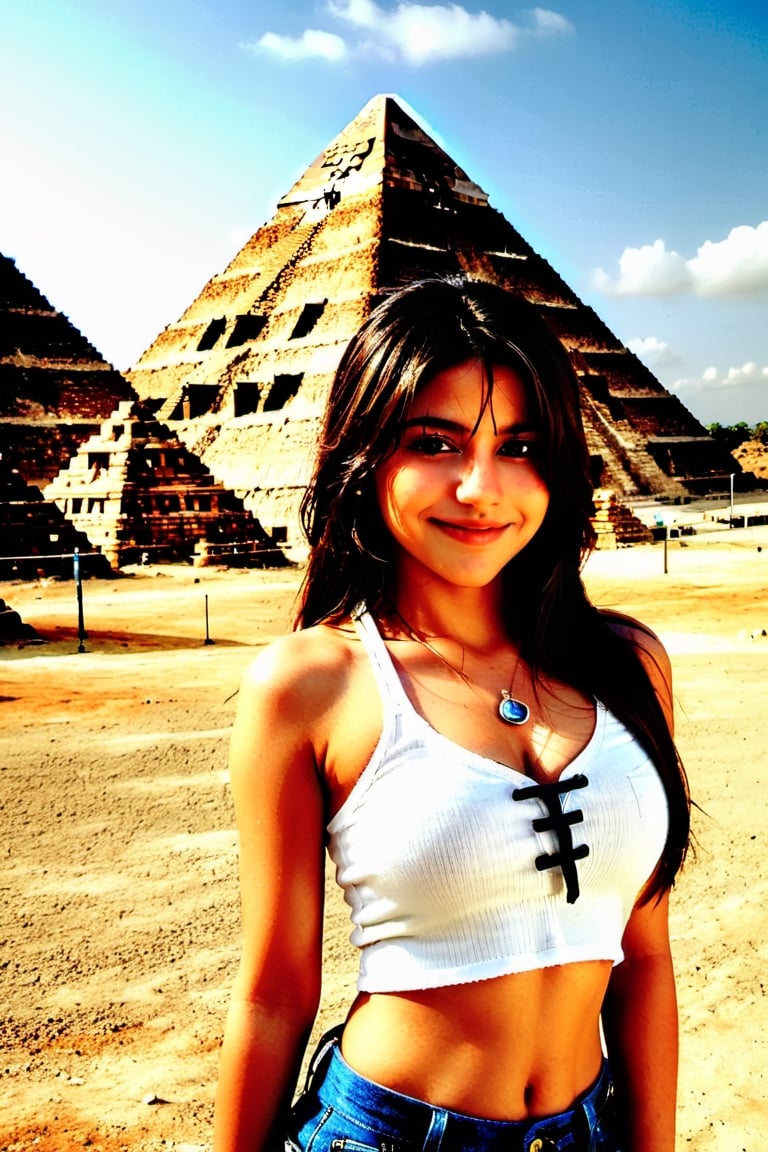 Tania 19 years old Mexican schoolgirl, xxmix_girl,portrait of a woman,full body shoot, full body, normal boobs, cleavage, realistic, smile, FilmGirl,b3rli,3d style, Aztec pyramids 
 background