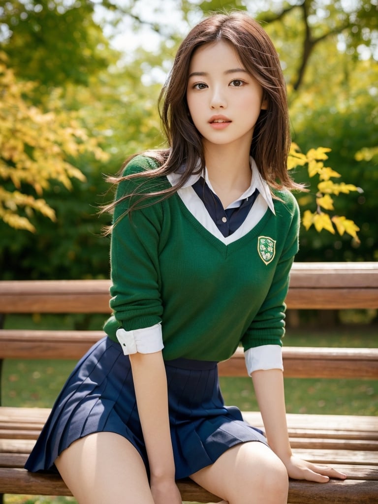 A schoolgirl walks near a bench in the park with green leafs,  wavy hair,    perfect composition,  hyperrealistic,  super detailed,  8k,  high quality,  sharp focus,  studio photo,  intricate details,  highly detailed,  seductive pose,  flirting to camera