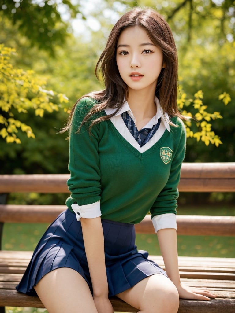 A schoolgirl walks near a bench in the park with green leafs,  wavy hair,    perfect composition,  hyperrealistic,  super detailed,  8k,  high quality,  sharp focus,  studio photo,  intricate details,  highly detailed,  seductive pose,  flirting to camera