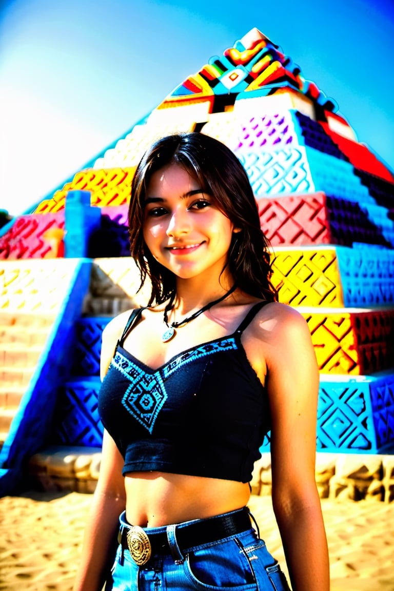 Tania 19 years old Mexican schoolgirl, xxmix_girl,portrait of a woman,full body shoot, full body, normal boobs, cleavage, realistic, smile, FilmGirl,b3rli,3d style, Aztec pyramids 
 background