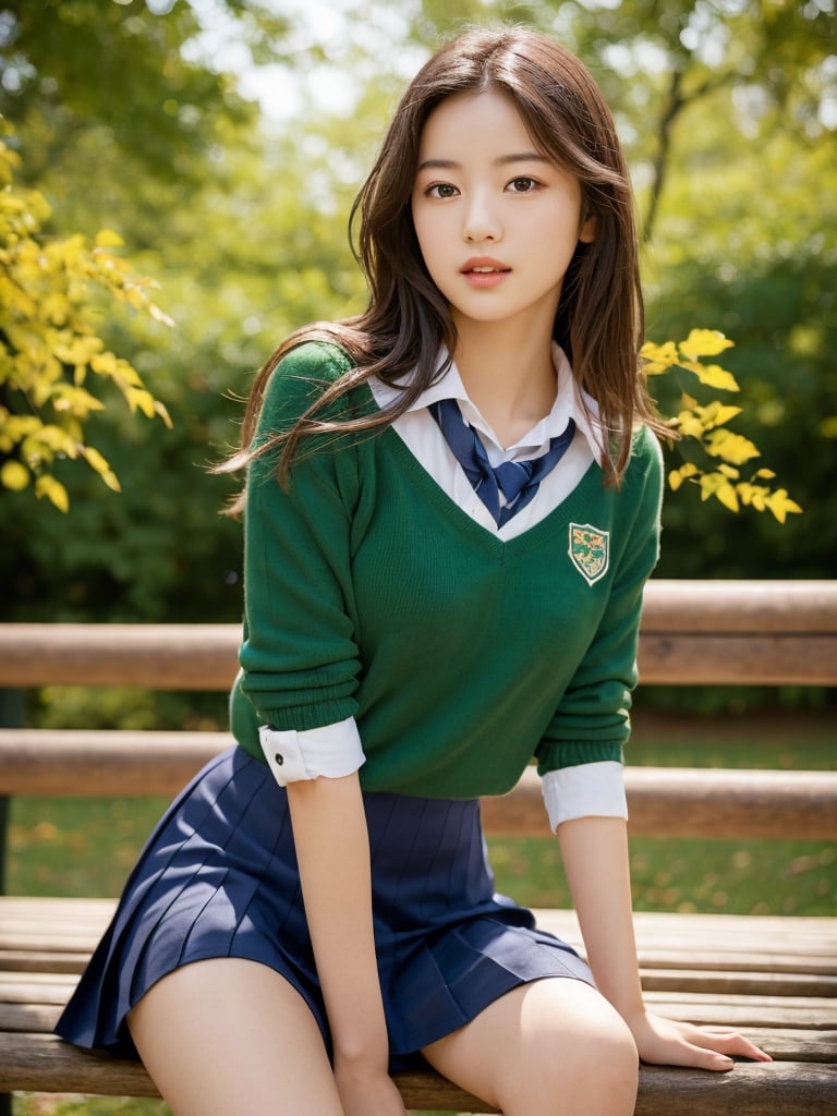 A schoolgirl walks near a bench in the park with green leafs,  wavy hair,    perfect composition,  hyperrealistic,  super detailed,  8k,  high quality,  sharp focus,  studio photo,  intricate details,  highly detailed,  seductive pose,  flirting to camera