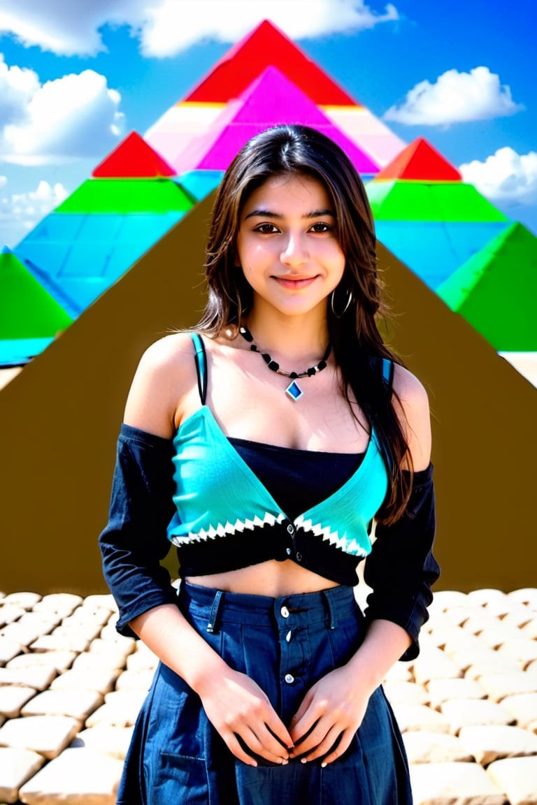 Tania 19 years old Mexican schoolgirl, xxmix_girl,portrait of a woman,full body shoot, full body, normal boobs, cleavage, realistic, smile, FilmGirl,b3rli,3d style, Aztec pyramids 
 background