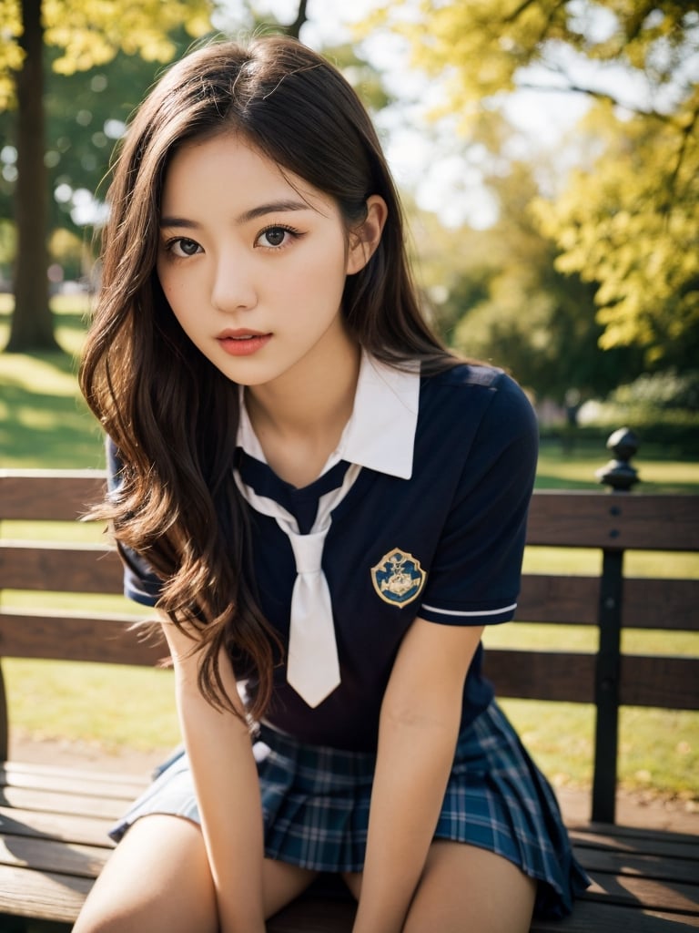 A schoolgirl sits at a bench in the park,  wavy hair,    perfect composition,  hyperrealistic,  super detailed,  8k,  high quality,  sharp focus,  studio photo,  intricate details,  highly detailed,  seductive pose,  flirting to camera