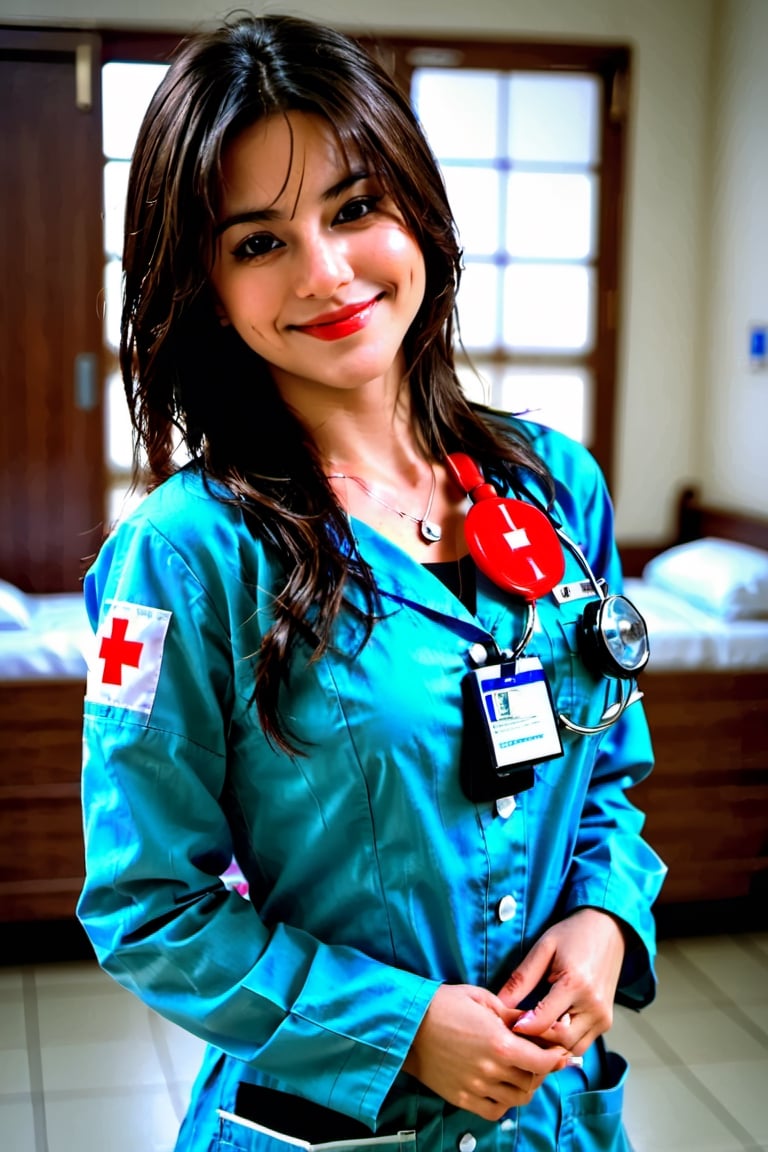 Tania Mexican sexy nurse girl, xxmix_girl,portrait of a woman,full body shoot, full body, normal boobs, cleavage, realistic, smile, FilmGirl,b3rli,3d style, hospital 
 background