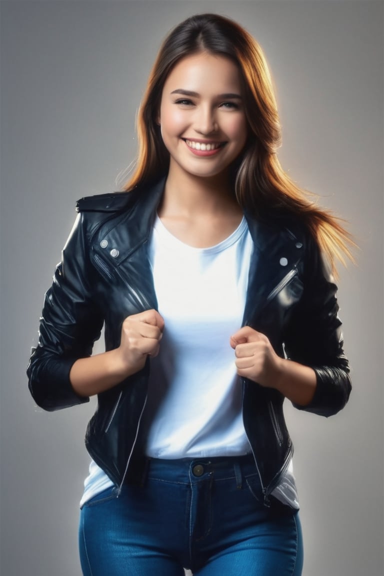 Masterpiece, highest quality image, A girl smiles, opening a black jacket with her hands, showing a white t-shirt, masterpiece, hdr, high resolution, best quality, masterpiece, studio light, professional,3d style