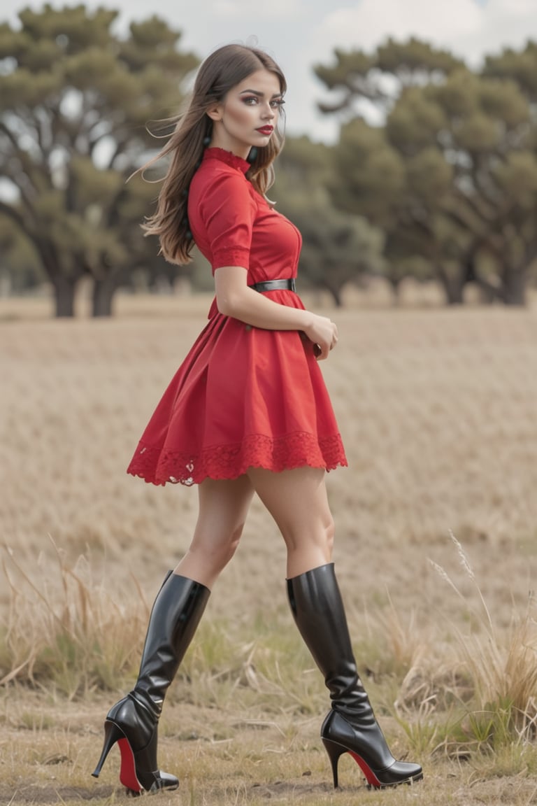 chica con lenceria roja en la pradera con pechos enormes,mostrar los pies con tacones altos, cabello negro de cola de caballo