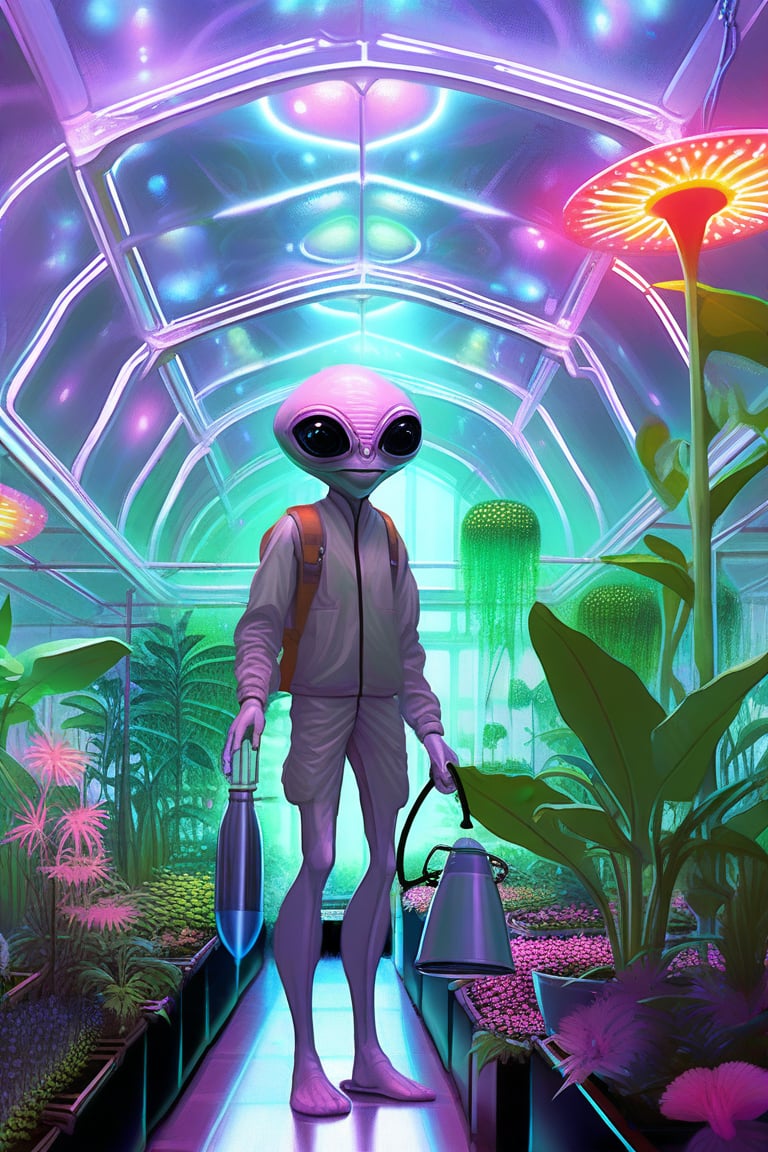 pastel by alex grey Interior of futuristic greenhouse with high ceilings,  short barefoot roswell gray alien wearing smock...