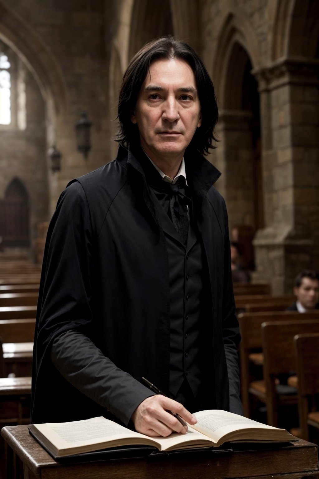 el profesor severus snape está dando clases de pociones en el aula a sus alumnos en hogwarts by Chongas  on Tensor.Art