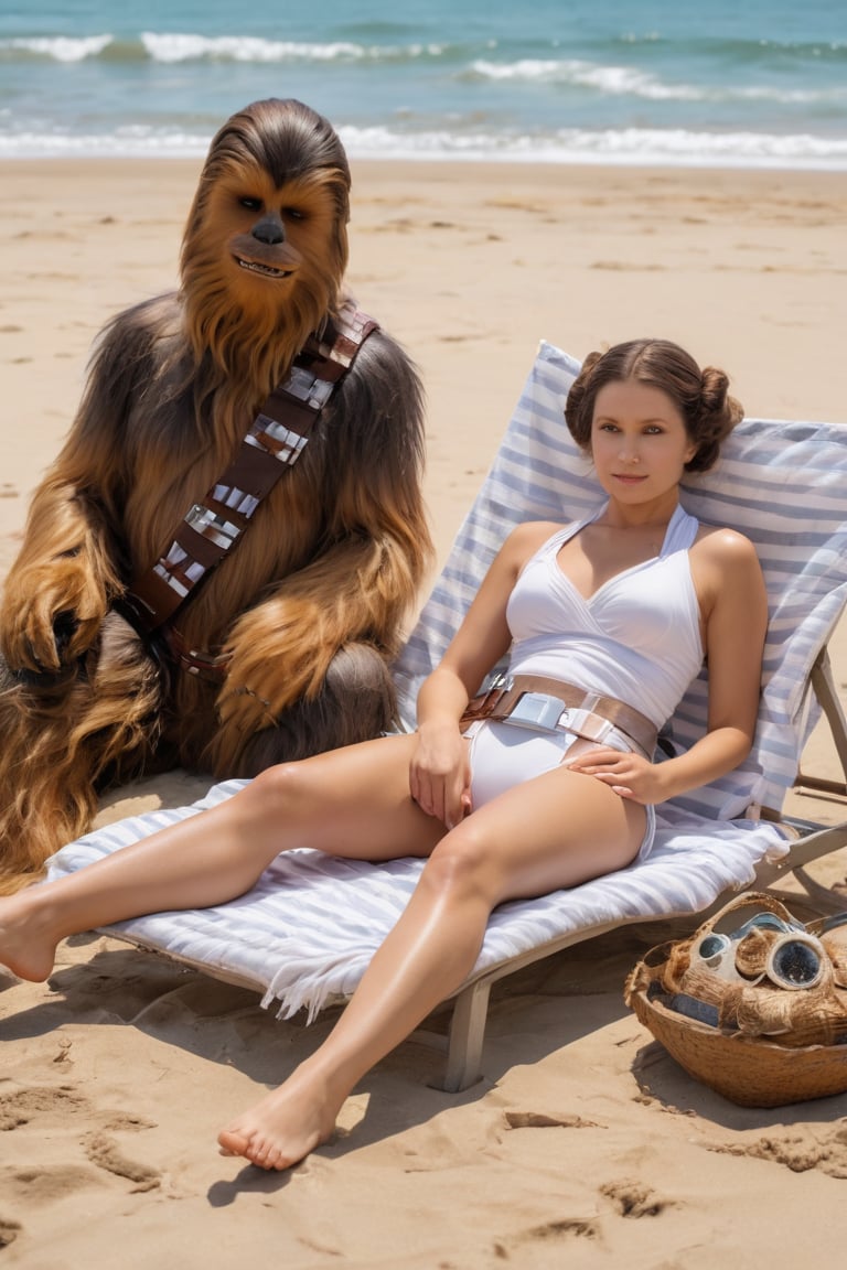 Princess Leia and Chewbacca are on the beach sunbathing on a planet far away by Chongas  on Tensor.Art