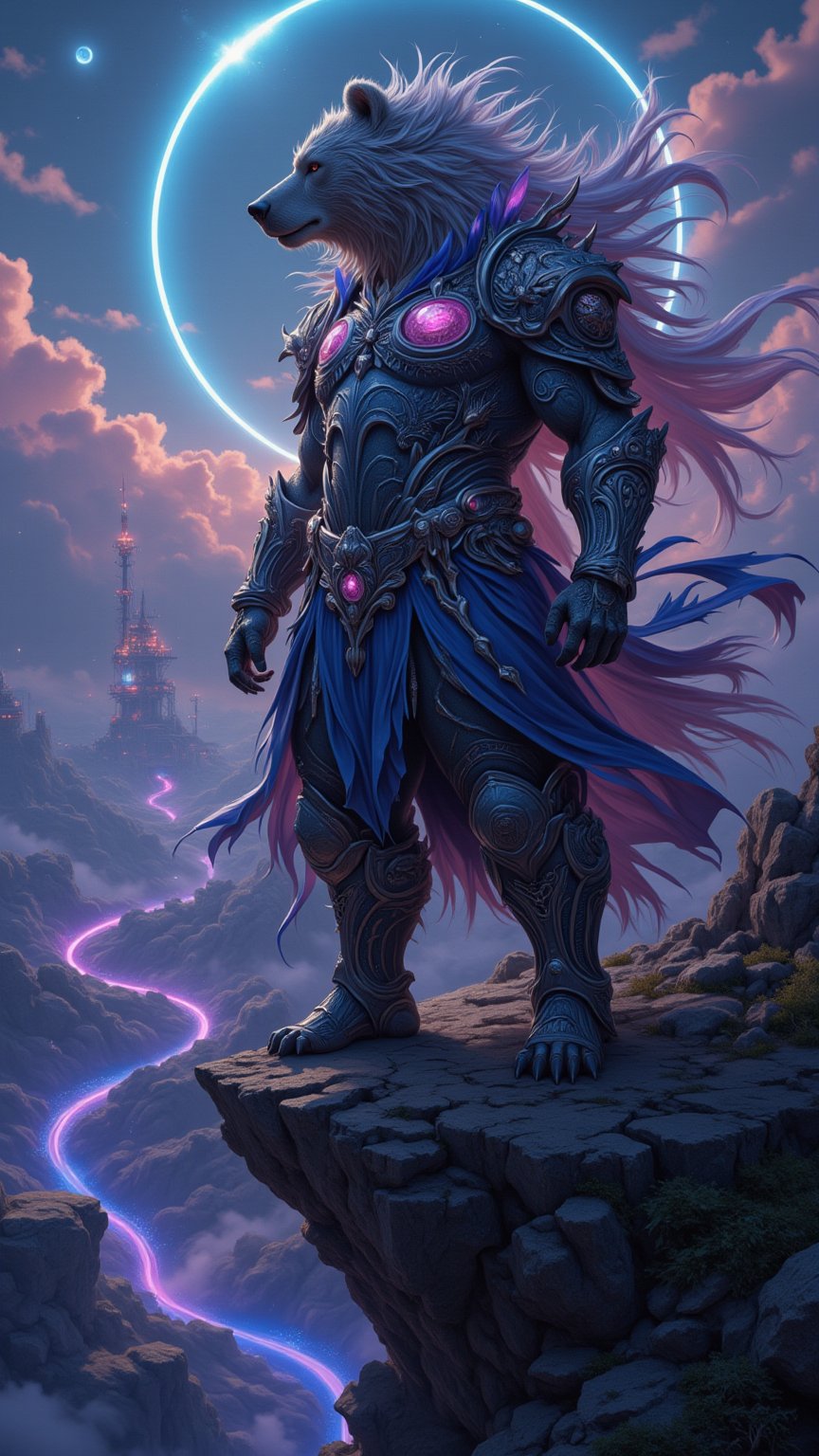 "Epic fantasy artwork, dynamic pose of a fierce Big bear wearing a lotus-inspired battle garment, intricate armor with lotus flower motifs, standing atop an alien cliff overlooking a vast, bioluminescent landscape, futuristic floating cities in the background, glowing neon rivers cutting through the terrain, his hair flowing in the wind, strong contrast between the dark sky and his glowing armor, intense lighting from below casting sharp shadows, dramatic and powerful composition",FluxBoost