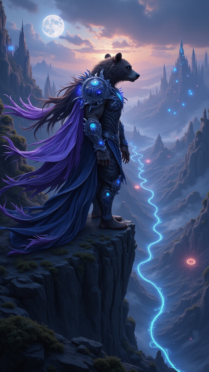 "Epic fantasy artwork, dynamic pose of a fierce Big bear wearing a lotus-inspired battle garment, intricate armor with lotus flower motifs, standing atop an alien cliff overlooking a vast, bioluminescent landscape, futuristic floating cities in the background, glowing neon rivers cutting through the terrain, his hair flowing in the wind, strong contrast between the dark sky and his glowing armor, intense lighting from below casting sharp shadows, dramatic and powerful composition",FluxBoost