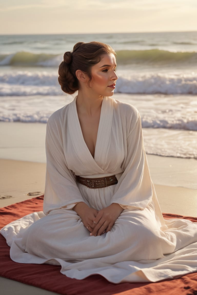 Golden sunlight warms the sandy shore as Princess Leia,  dressed in a flowing white robe,  reclines on a crimson towel by...